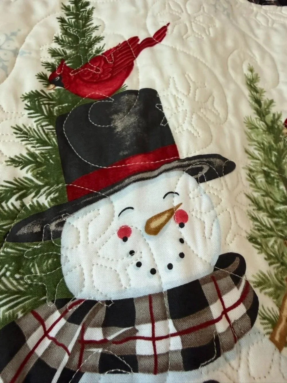 Handmade Quilt 63x43 Christmas Red Cardinal Snowman Friends Snowflake Birdhouse